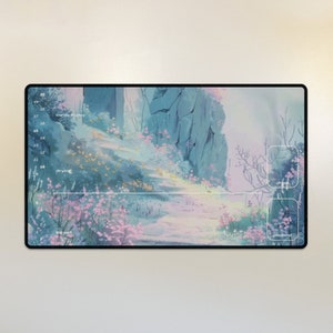 May include: A digital desktop background featuring a soft, pastel landscape with a light blue sky, a path winding through a field of pink and white flowers, and a rocky cliff face in the background. The text "circles in play" and "drying" are visible on the left side of the image.