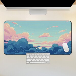 blue clouds desk mat, aesthetic anime mouse pad, cute MTG playmat with zones for commander, lorcana TCG play mat