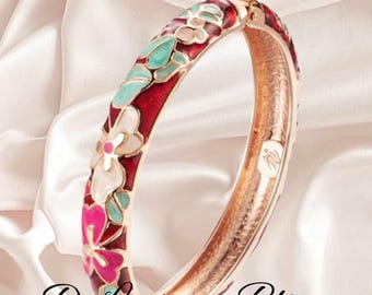 ヴィンテージ七宝焼きバングル ブレスレット エナメル花植物モチーフ