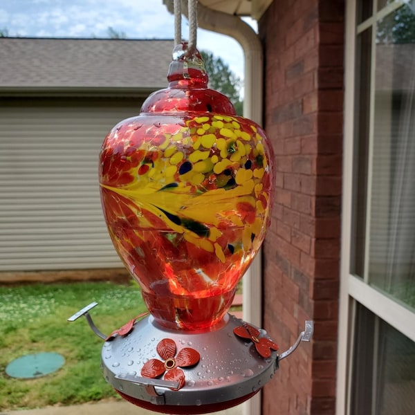 Colorful Hand Blown Glass Hummingbird Feeder for Outdoors Patio Large with Ant Moat Hanging Hook Rope Brush 32 Ounces