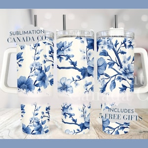Chinoiserie Blue Floral 40 oz Tumbler Wrap,40oz Chinoiserie Spring Tumbler with Handle PNG Sublimation Design, Grand Millennial Digital File
