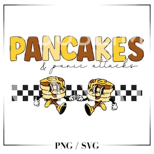Könnte beinhalten: Zwei Cartoon-Pfannkuchen mit Gesichtern laufen nebeneinander auf einem karierten Hintergrund. Der Text darüber lautet "Pancakes & panic attacks".