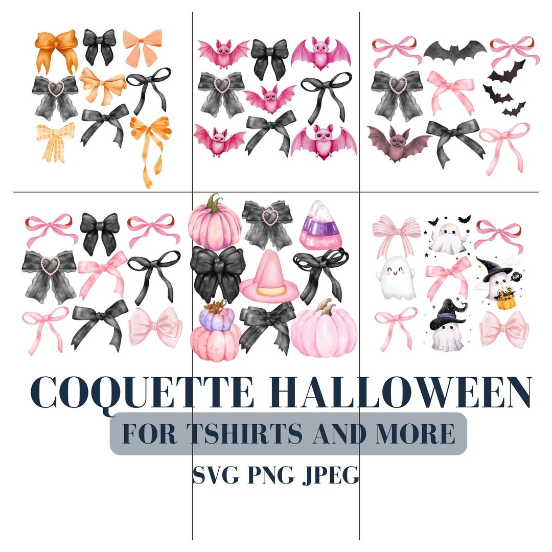 Coquette Halloween Png, Bows and Bats Png, Bows and Pumpkins Png, Black ...