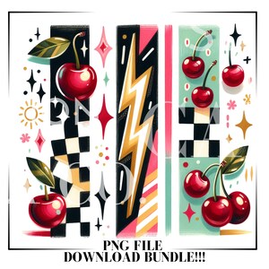 May include: A set of three digital clipart images featuring cherries, lightning bolts, and checkered patterns. The cherries are red with green stems and leaves. The lightning bolts are yellow and gold. The checkered patterns are black and white. The background is a light blue, pink, and green.