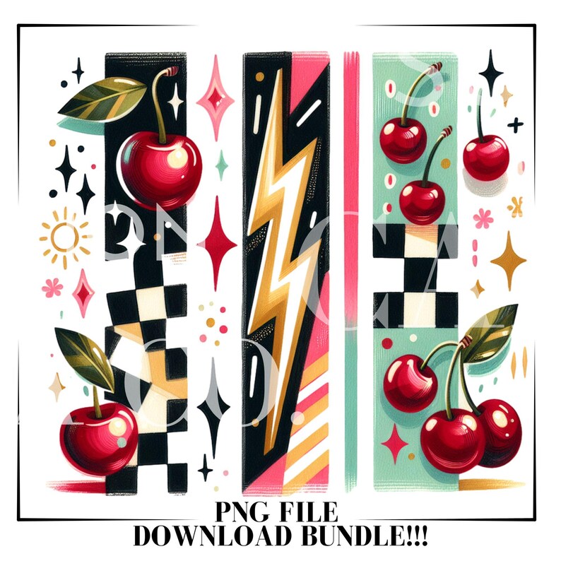 May include: A set of three digital clipart images featuring cherries, lightning bolts, and checkered patterns. The cherries are red with green stems and leaves. The lightning bolts are yellow and gold. The checkered patterns are black and white. The background is a light blue, pink, and green.