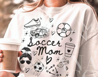 Soccer Mom PNG, Doodle ręcznie rysowane Soccer Png, Soccer Mama SVG, Natychmiastowe pobieranie cyfrowe tylko, Doodle Art Soccer Png, Soccer Moms Design