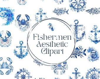 Fishermen Chinoiserie Aesthetic Clipart Png, Sardine Clipart Png, Blue Floral Fisherman Designs, Nautical Clipart Png, Grand Millenial