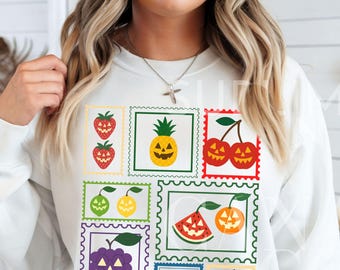 Summerween Obst Stempel Png Halloween Shirt Design SVG Clipart Obst Erdbeere Kirsche PNG Stempel Zitronen Blaubeere SVG, Farmers Market Download
