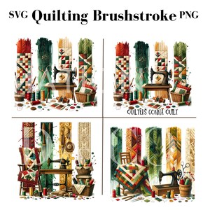 May include: Four digital illustrations of a sewing room with a vintage sewing machine, spools of thread, fabric scraps, and a quilt. The text "Quilters Gonna Quilt" is featured in one of the illustrations.