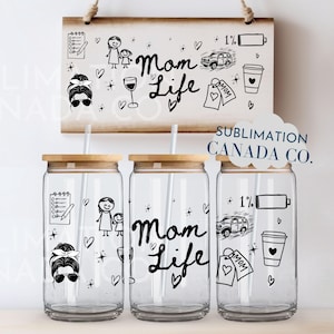 Boîte en verre UV DTF, drôle de vie de maman, 16 oz Libbey Wrap Doodle Gobelet à sublimation fête des mères PNG Conception numérique maman fatiguée UvDtf Conception maman png