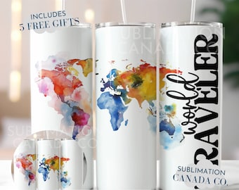 Peut inclure: Un design d'enveloppement par sublimation pour un gobelet avec une carte du monde aquarelle et le texte "world traveler" en noir. Le design est sur fond blanc et comprend le texte "Sublimation Canada Co."