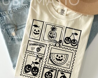 Summerween Obst Stempel Png Halloween Shirt Design SVG Clipart Obst Erdbeere Kirsche PNG Stempel Zitronen Blaubeere SVG, Farmers Market Download