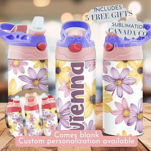 May include: Three water bottles with floral designs. The bottles have a white background with purple and yellow flowers. The text "Vienna" is printed on one bottle. The bottles have pink and purple lids. The image includes the text "Includes 5 Free Gifts" and "Sublimation Canada Co."