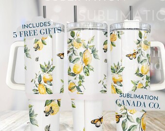 Lemon and Butterflies 40 Oz Tumbler Wrap, 40 Oz Wrap Summer Tumbler Wrap,Lemon Sublimation Design Digital Download PNG Instant DIGITAL ONLY