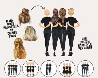 May include: Four customizable best friend clipart images with different poses.  Each image has a black shirt and jeans.  Choose from a variety of besties and add the hair that suits.  One custom hairstyle per order.  Many more hairstyles to choose from.