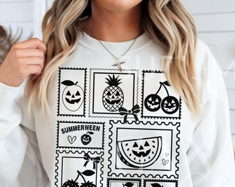 Summerween Obst Stempel Png Halloween Shirt Design SVG Clipart Obst Erdbeere Kirsche PNG Stempel Zitronen Blaubeere SVG, Farmers Market Download