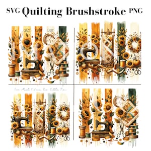 Può includere: Quattro stampe d'arte digitale che raffigurano una macchina da cucire, bobine di filo, forbici, bottoni e girasoli. Le stampe sono intitolate "Crazy Quilt Lady", "Sew Much Fun", "Sew Little Time" e "Sew Much Fun".