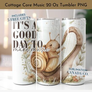 Gobelet à musique escargot à musique Cottagecore, 20 oz, format PNG, gobelet à escargot musical, conception numérique uniquement pour professeur de musique, harpe, 20 oz, emballage pour gobelet à musique