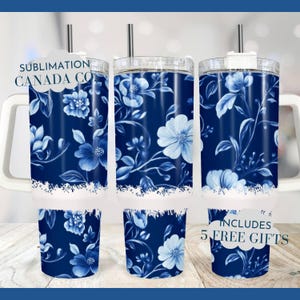 Chinoiserie Blue Floral 40 oz Tumbler Wrap,40oz Chinoiserie Spring Tumbler with Handle PNG Sublimation Design, Grand Millennial Digital File