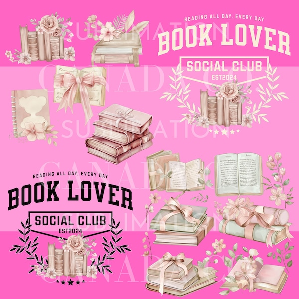 Coquette PNG Bundle, Coquette Book Lover SVG, Cottage Core Coquette Book, Book Lover Clipart for Shirts, Reading PNG Files, Neutral Pink Png