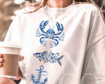 Fishermen Aesthetic Clipart Png, Sardine Clipart Png, Blue Floral Fisherman Designs, Nautical Clipart Png Lobster Clipart, Grand Millenial