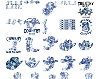 Chinoiserie Ästhetische Country Western Musik Clipart Stiefel Png Cowgirl Clipart Bundle Cowboyhut Png Country-Musik svg Design NUR Digital