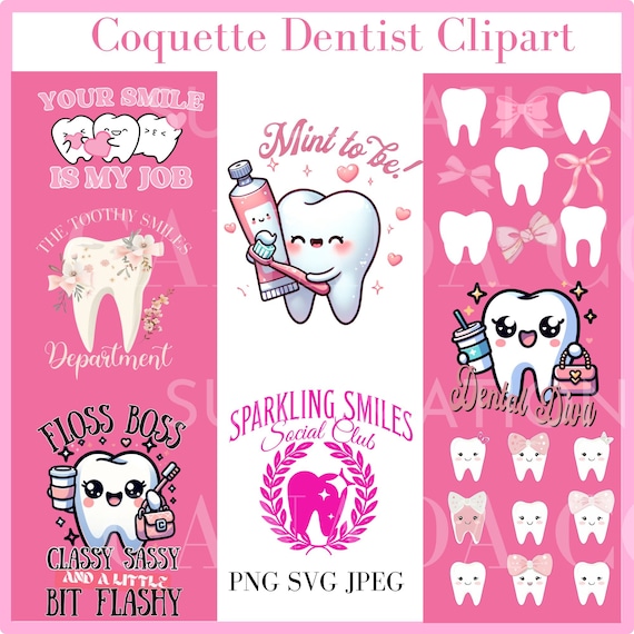 Dentist Png, Dental Hygienist Coquette PNG Bundle, Coquette Dental SVG, Kawaii Coquette Dentist Sublimation, Pink Dental Assistant Pediatric
