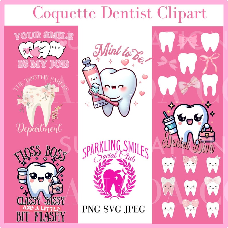 May include: A pink background with a variety of images featuring cartoon teeth. The text "Your Smile Is My Job" is featured on one image. Another image features the text "The Toothy Smiles Department". A third image features the text "Floss Boss Classy Sassy And A Little Bit Flashy". A fourth image features the text "Mint to Be!" and a fifth image features the text "Sparkling Smiles Social Club". A sixth image features the text "Dental Diva".
