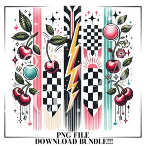 May include: A digital illustration of a set of five cherries with a checkered pattern, a lightning bolt, and a sunburst. The cherries are red with green stems and leaves. The background is a white with black, red, and blue stripes.
