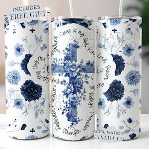 Envoltura de vaso cristiano Jesús Png 20 oz Envoltura de Biblia de Pascua Chinoiserie Azul Floral Vaso basado en la fe PNG Jesús es mi todo Diseño solamente
