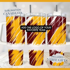 May include: Three stainless steel tumblers with a maroon, yellow, and white abstract design. The tumblers have a white space for adding a logo. The text "ADD THE LOGO OF YOUR FAVORITE TEAM" is written on the tumblers. The text "INCLUDES 5 FREE GIFTS" is written on the bottom right tumbler.