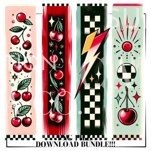 May include: Four digital illustrations in a retro style. The first illustration is a pink background with a cherry motif. The second illustration is a red background with a cherry motif. The third illustration is a black and white checkered background with a lightning bolt. The fourth illustration is a light blue background with a cherry motif and a checkered circle.