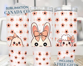 Cute Coquette Easter Bunny Tumbler Wrap, 40oz Paasbeker met handvat PNG-sublimatieontwerp, Easter Chick and Lamb digitaal Pasen-bestand