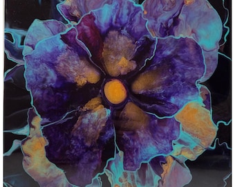 Flower Acrylic Painting on Canvas with Resin Finish, Gold, Purple, Blue. 12in x 12in, Abstract Floral Art Painting