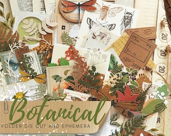 Puede incluir: Un collage de efímeras de temática botánica, que incluye recortes de papel de insectos, hojas y flores. La paleta de colores incluye tonos de marrón, verde y crema. El texto "Botanical Folder Die Cut and Ephemera" es visible.