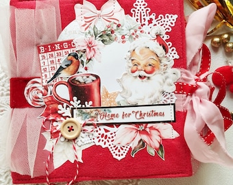Handmade Christmas Junk Journal 6*6, Vintage Holiday Scrapbook, Festive Santa Journal, Textile Christmas Memory Book