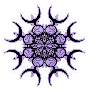 May include: A purple and black mandala with a geometric design. The mandala is surrounded by a white border.