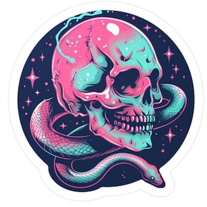 Snake and Skull Sticker I Mystic Skull Sticker I Pink and Aqua Sticker