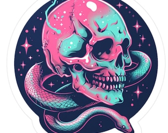Snake and Skull Sticker I Mystic Skull Sticker I Pink and Aqua Sticker