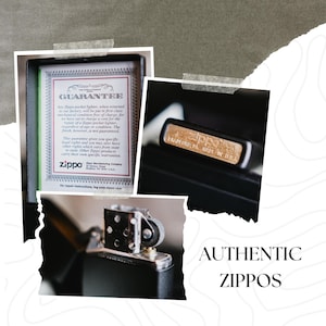 Puede incluir: Im&aacute;genes de encendedores Zippo aut&eacute;nticos, mostrando su dise&ntilde;o y artesan&iacute;a. Una imagen presenta una tarjeta de garant&iacute;a, mientras que otra resalta los detalles del encendedor. Se muestra el texto "AUTHENTIC ZIPPOS".
