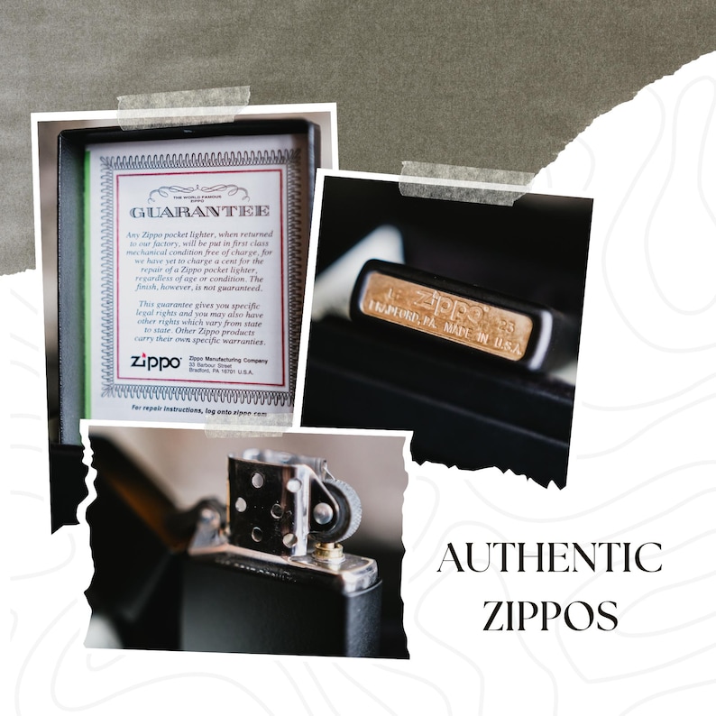 Puede incluir: Im&aacute;genes de encendedores Zippo aut&eacute;nticos, mostrando su dise&ntilde;o y artesan&iacute;a. Una imagen presenta una tarjeta de garant&iacute;a, mientras que otra resalta los detalles del encendedor. Se muestra el texto "AUTHENTIC ZIPPOS".