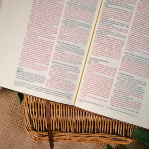 Op de afbeelding: Een open Bijbel in een rieten mand, met een bruine leren bladwijzer. De tekst is in het Engels, met rode hoofdstuknummers. De sc&egrave;ne roept een gevoel van geloof en studie op.