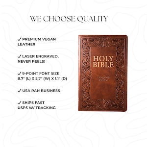 May include: A brown Holy Bible with embossed detailing. The book cover features the title "HOLY BIBLE" in gold lettering. The dimensions are 22.1 cm (L) x 14.5 cm (W) x 2.8 cm (D). The text "WE CHOOSE QUALITY" is at the top.