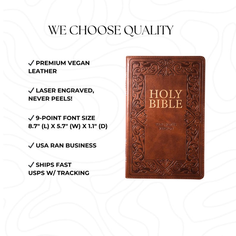 May include: A brown Holy Bible with embossed detailing. The book cover features the title "HOLY BIBLE" in gold lettering. The dimensions are 22.1 cm (L) x 14.5 cm (W) x 2.8 cm (D). The text "WE CHOOSE QUALITY" is at the top.