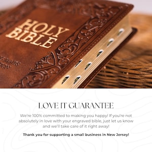 May include: A brown leather Holy Bible with gold-edged pages and the words "HOLY BIBLE" in gold. The book has decorative embossed patterns and page markers. The text "LOVE IT GUARANTEE" is also visible.