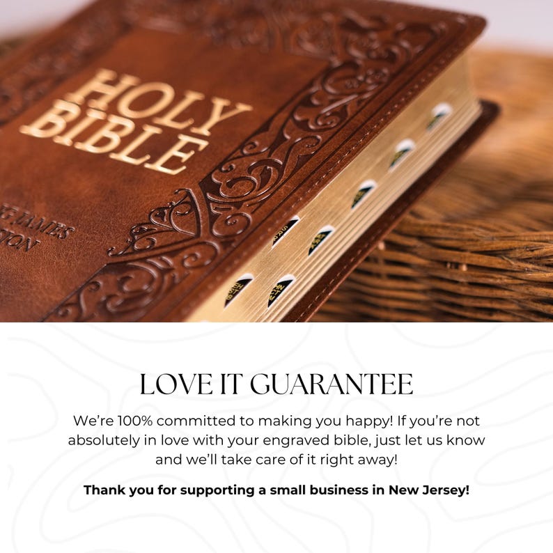 May include: A brown leather Holy Bible with gold-edged pages and the words "HOLY BIBLE" in gold. The book has decorative embossed patterns and page markers. The text "LOVE IT GUARANTEE" is also visible.