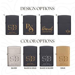 Puede incluir: Una colecci&oacute;n de encendedores personalizados en varios colores, incluyendo plata, negro y dorado. Las opciones de dise&ntilde;o presentan iniciales y nombres con fechas. El texto en los encendedores dice "Samuel Davis, Best Man, August 11 2026" y "Richard Stevens".