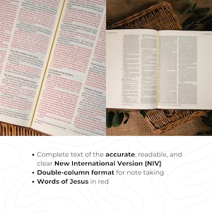 Op de afbeelding: Open Bijbel met de tekst van de New International Version (NIV), met een dubbele kolomindeling en de woorden van Jezus in het rood. Het boek ligt op een houten oppervlak, in de buurt van een gevlochten mand.