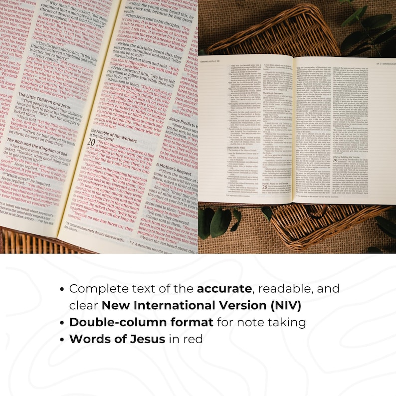 Op de afbeelding: Open Bijbel met de tekst van de New International Version (NIV), met een dubbele kolomindeling en de woorden van Jezus in het rood. Het boek ligt op een houten oppervlak, in de buurt van een gevlochten mand.