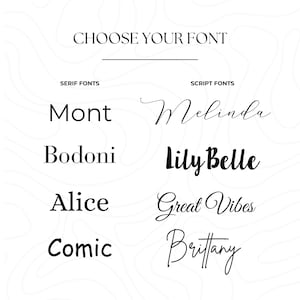May include: A graphic showing font choices. The text "CHOOSE YOUR FONT" is at the top. Serif fonts include Mont, Bodoni, Alice, and Comic. Script fonts include Melinda, Lily Belle, Great Vibes, and Brittany.